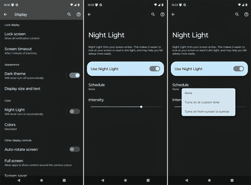 Screenshots of phone settings for display and night light.