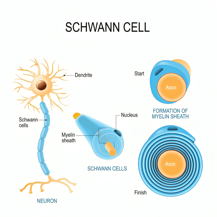 Diagram explaining Schwann cells and myelin sheath formation.