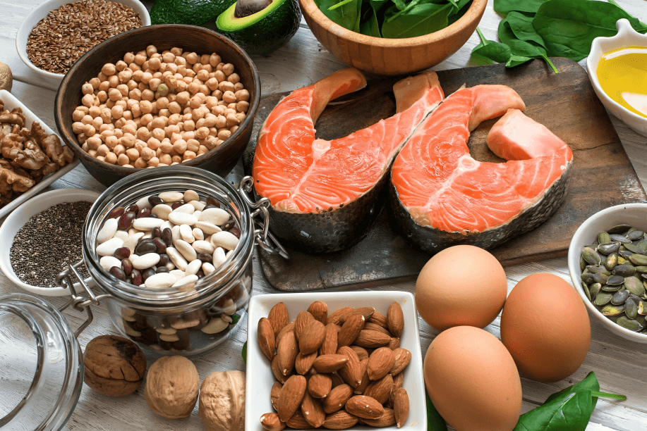 A flat lay of various proteins and healthy fats.