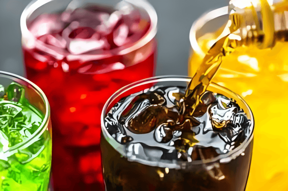 Drinks poured into glasses with ice, various colors.