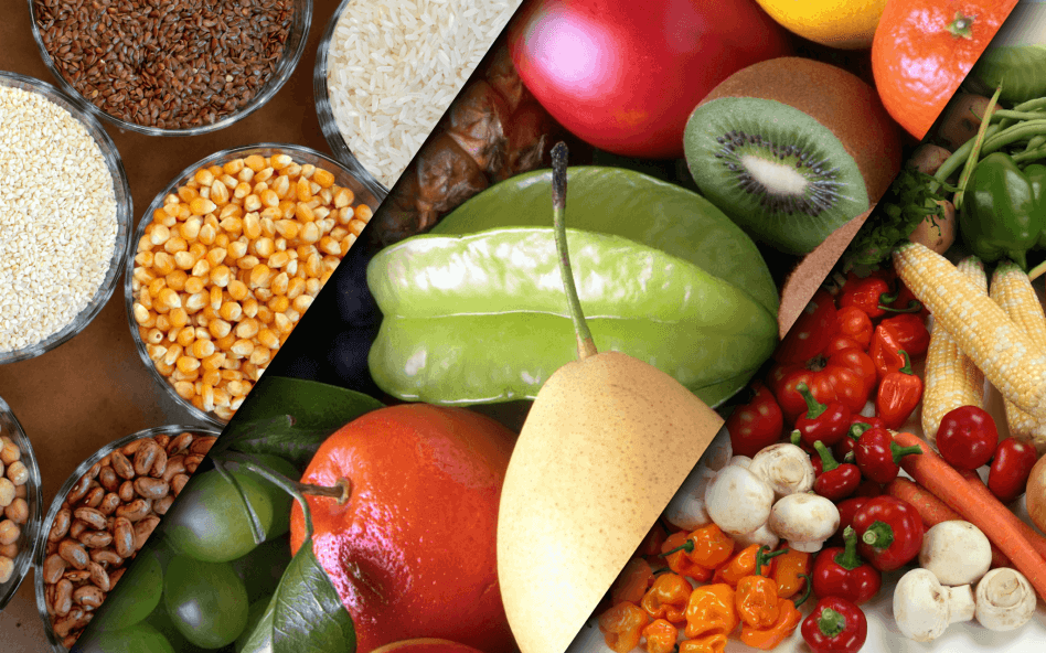 A collage of grains, fruits, and vegetables.