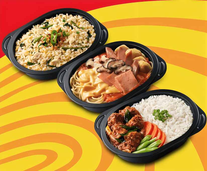 Three prepared meal containers with various Asian dishes.