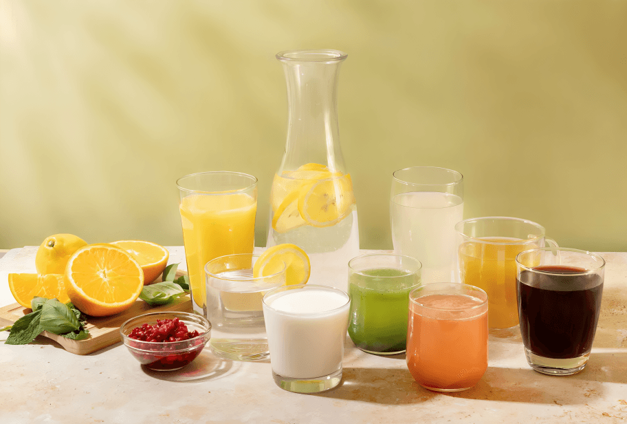 Various healthy drinks and fresh fruits on a table.