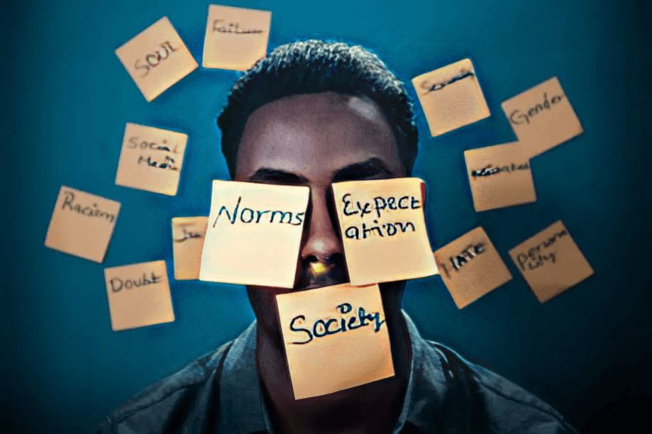 A person with sticky notes of fears in a blue background.