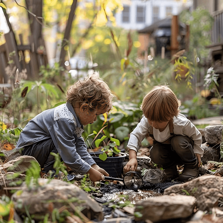 Two young boys playing in dirt and mud outdoors.