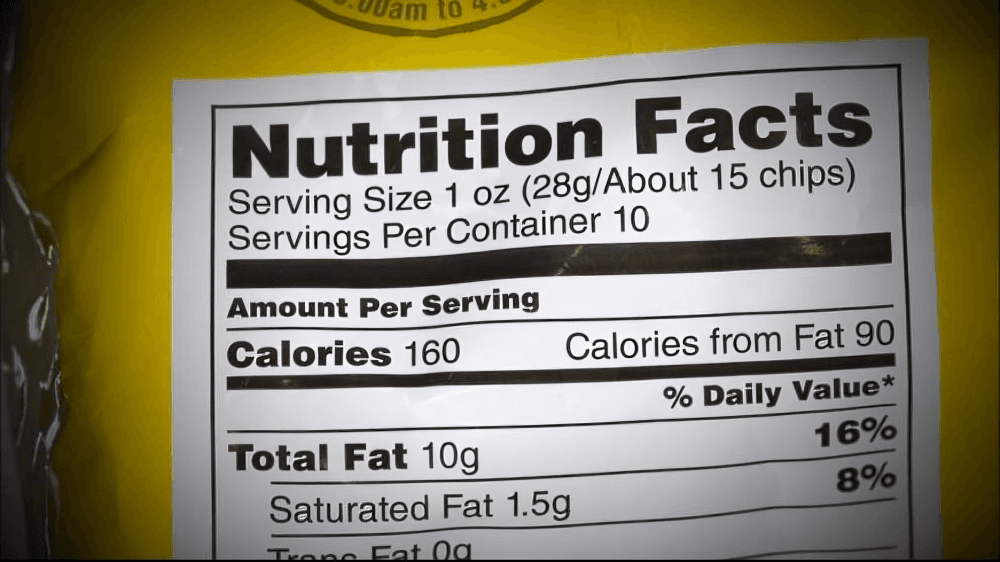 Nutrition facts label showing calories, fats, and daily values.