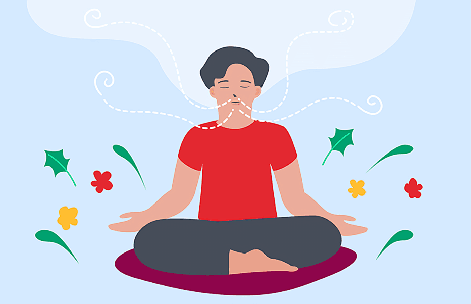Person meditating in lotus position with floral elements.