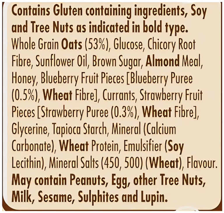 Close-up of a food ingredients list on a package.