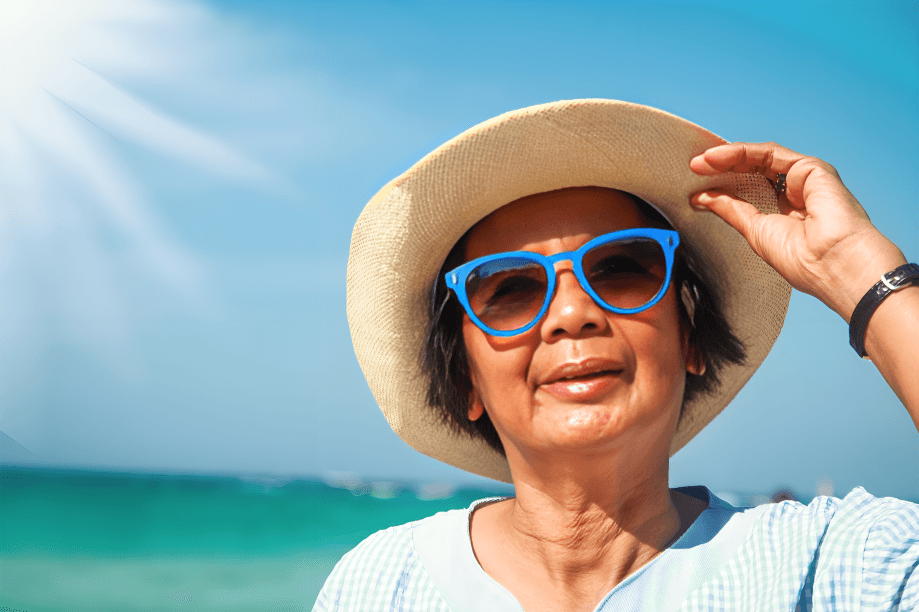 Woman wearing hat and sunglasses at the beach.