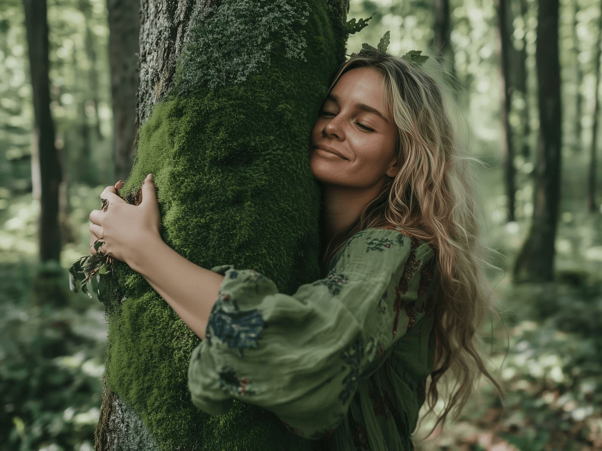 A woman in green hugging a moss-covered tree with closed eyes.