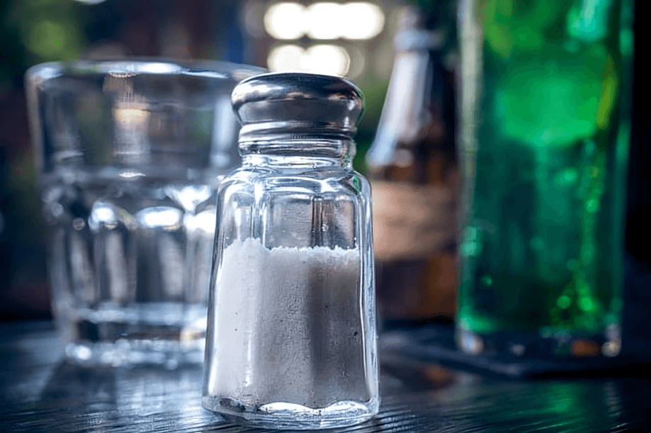 Salt shaker on a table with a blurry background.