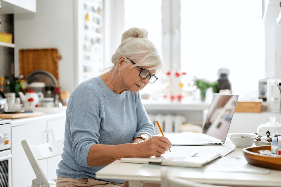 Elderly woman studying at desk with laptop.