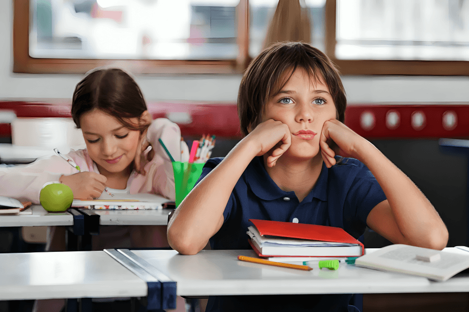 Two young students in a classroom, one looking bored.
