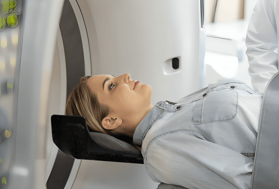 A patient undergoing a medical scan, possibly an MRI or CT.