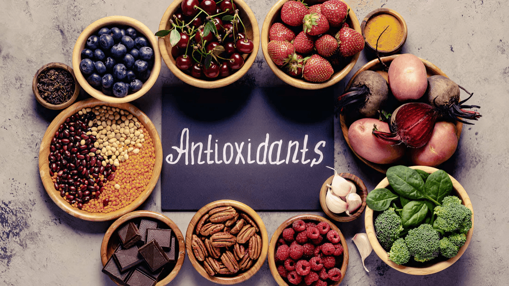 A flat lay of various foods labeled "Antioxidants."