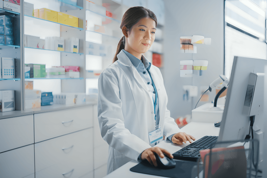 A female pharmacist working on a computer.