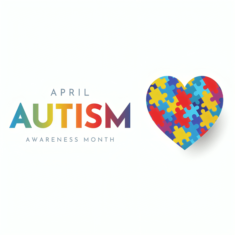 Autism Awareness Month text with a puzzle-piece heart.