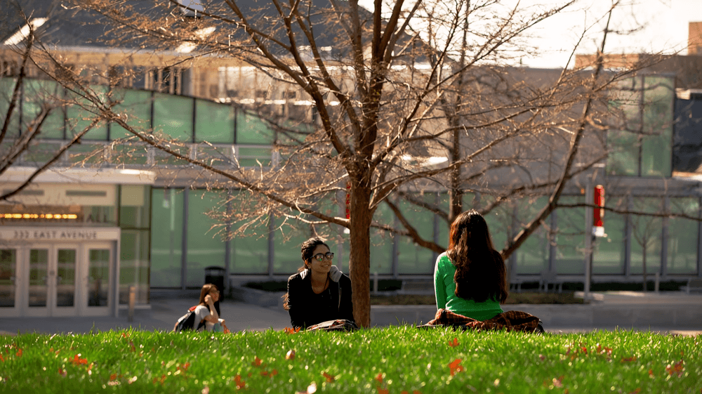 Two students sit on grass under a tree.