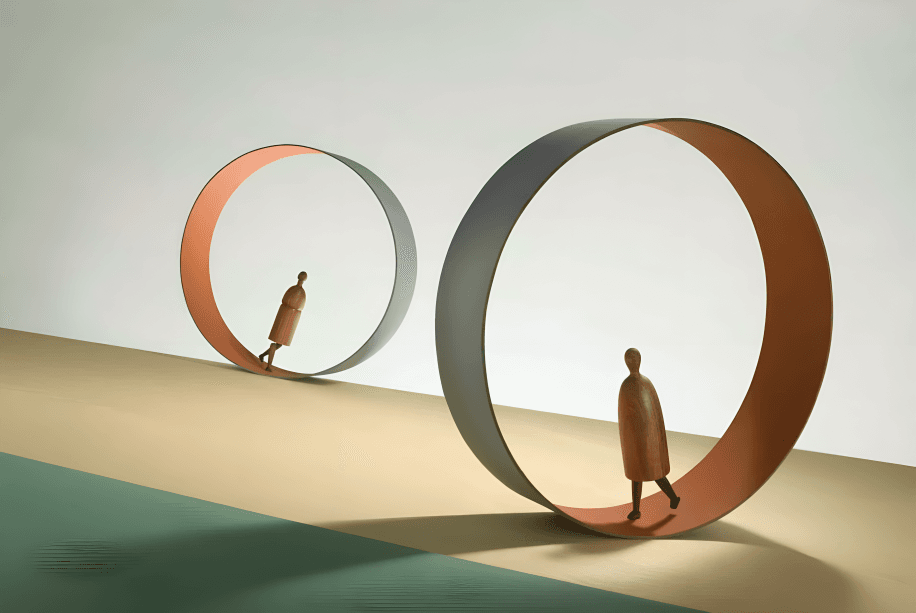 Figurines walking endlessly inside rolling metal rings.