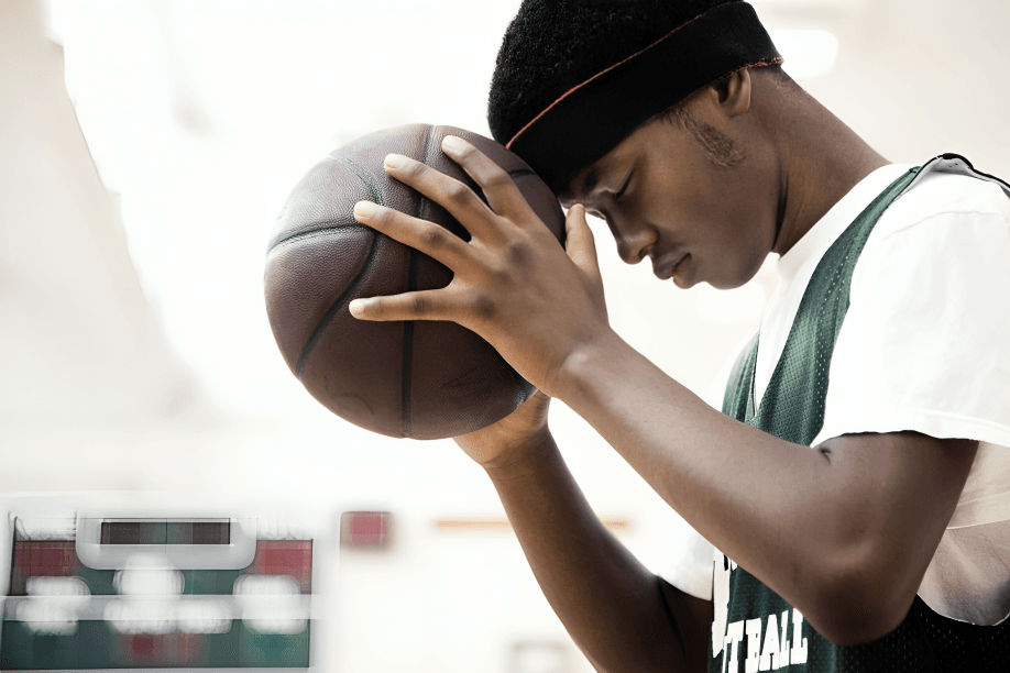 Pensive basketball player with ball against forehead.