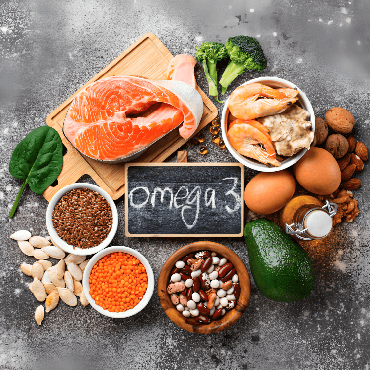 Omega-3-rich foods: salmon, flax seeds, walnuts, avocado, and eggs.
