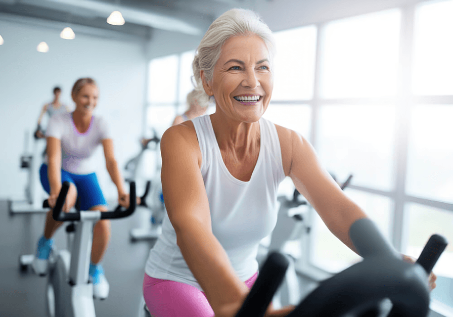 Happy senior woman cycling in a bright gym.