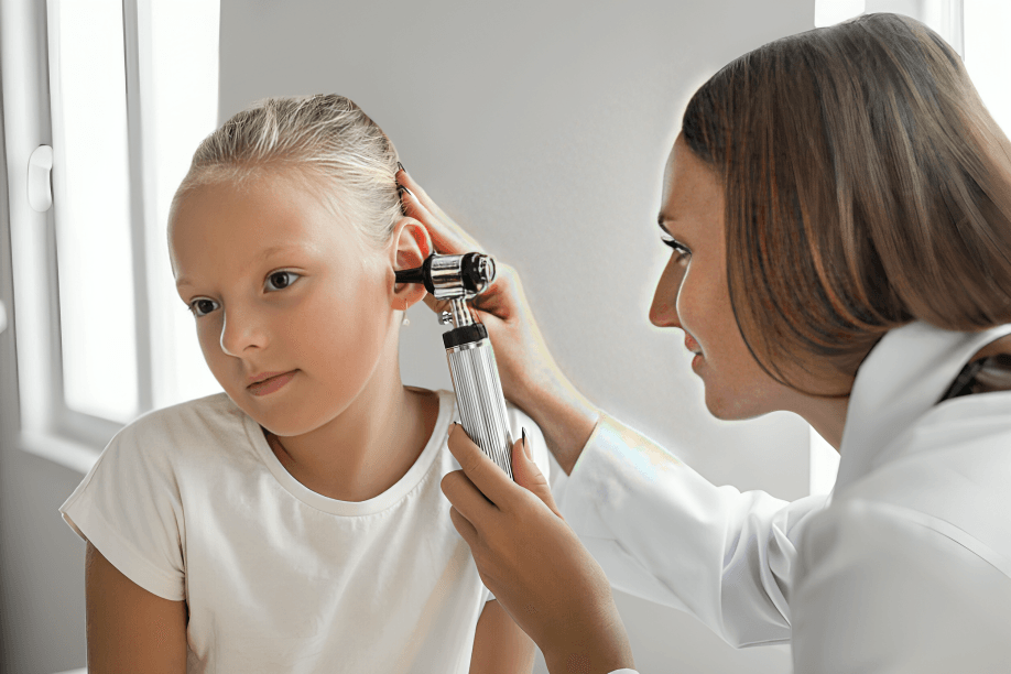 A doctor examines a child's ear with an otoscope.