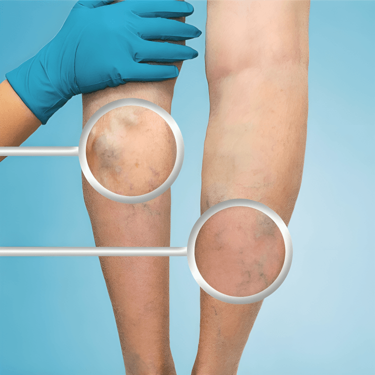 Person’s legs with spider veins and varicose veins, magnified for detail.