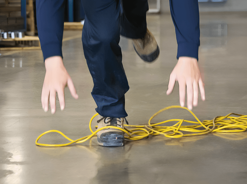 Woman helping man who fell on floor.