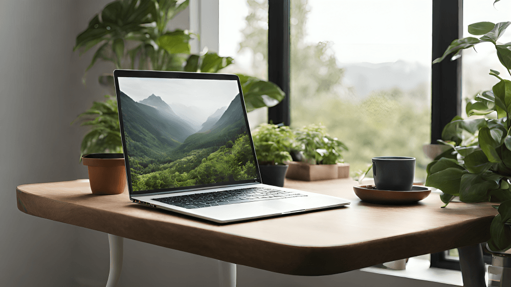 Laptop with mountain view on a plant-filled desk.