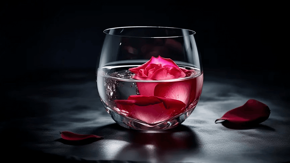 Red rose petals floating in a glass of water.