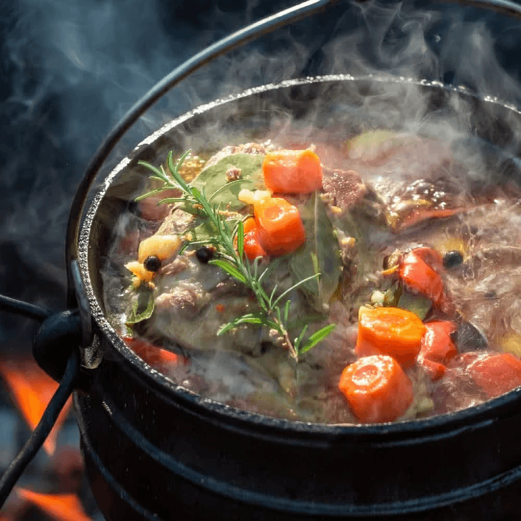 Pot cooking stew over open fire, steaming.