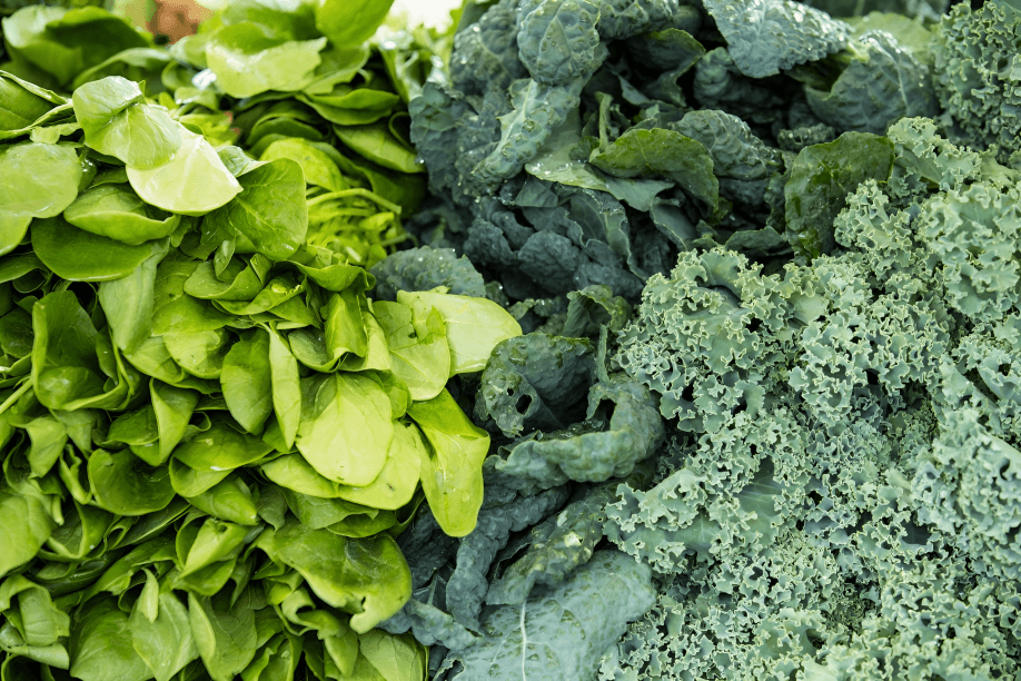 Various fresh leafy green vegetables, including spinach and kale.