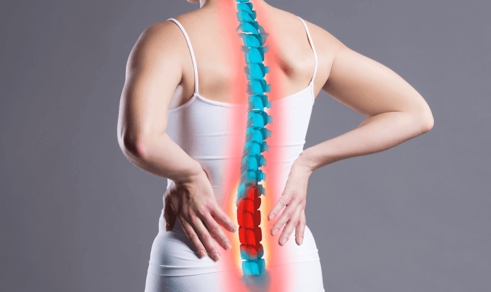 Woman with highlighted spine experiencing back pain.