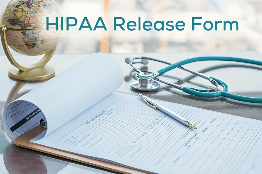 HIPAA release form with pen and stethoscope.