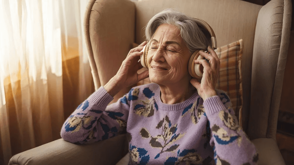 Senior woman smiling while listening to music.