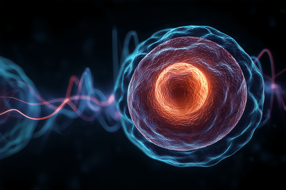 Scientific illustration of a cell with a glowing nucleus and waves.