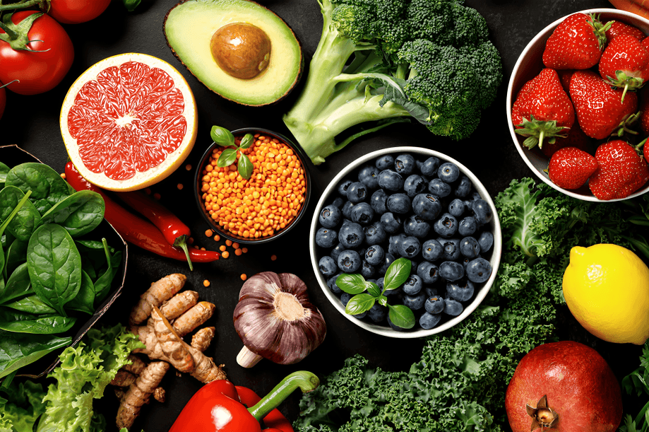 Top-down view of colorful fruits and vegetables.