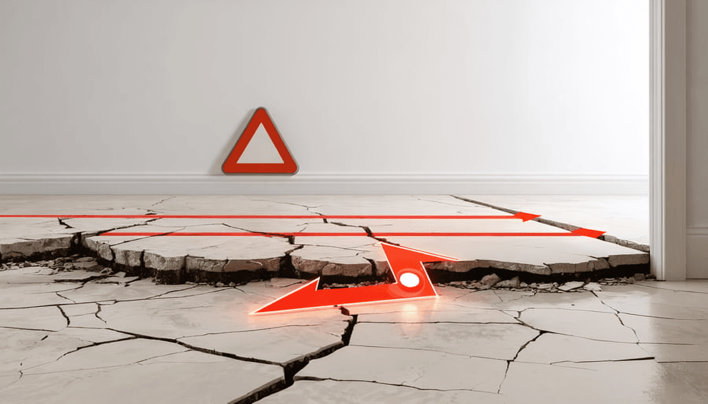 Cracked floor with warning sign and arrows.