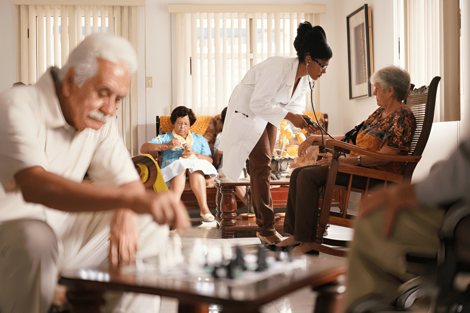 A nurse checking an elderly woman's blood pressure in a living room.