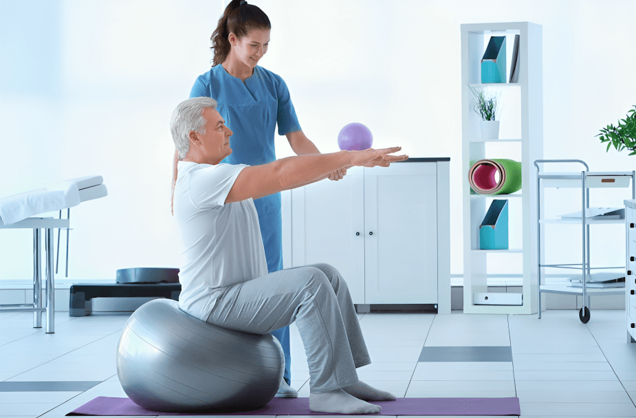 Therapist assisting man with exercise on stability ball.