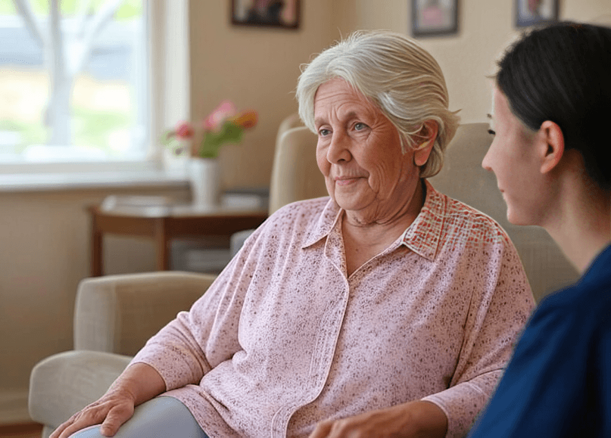Elderly woman listening attentively to another person.