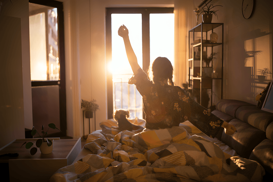 Woman stretches in bed with dog in sunlight.