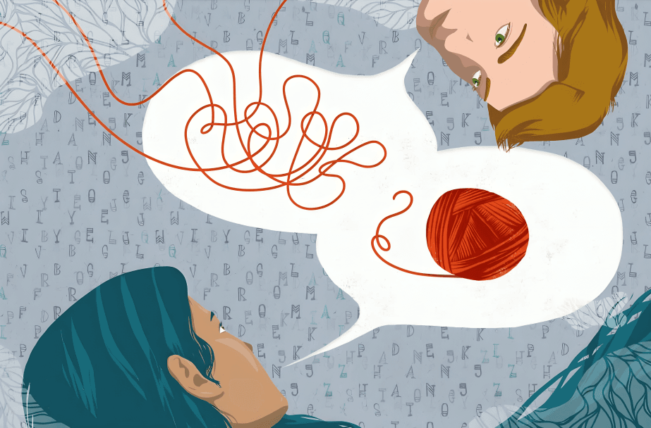 Two heads, tangled string, and a ball of yarn.