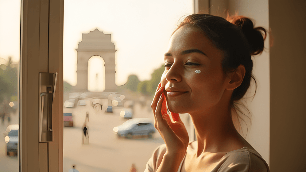 Woman applying face cream with a city view.