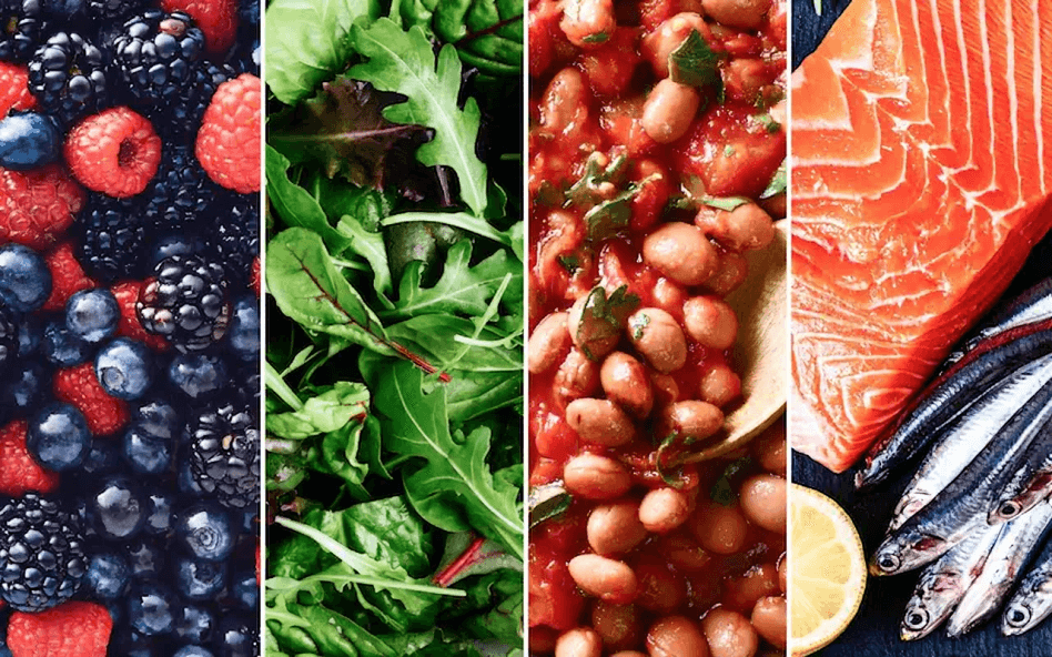 Four sections: berries, greens, beans, and fish.
