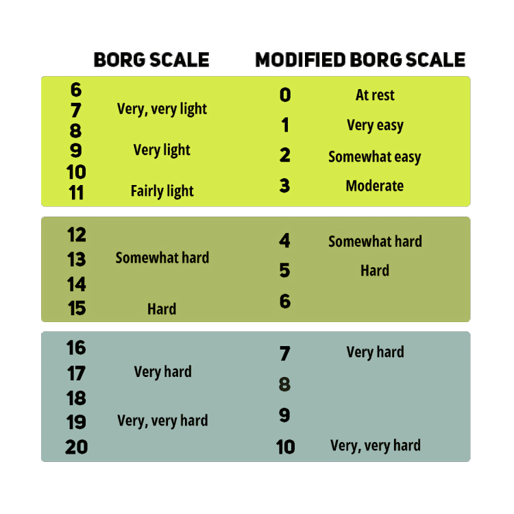 Borg and Modified Borg Scale chart for perceived exertion during exercise.