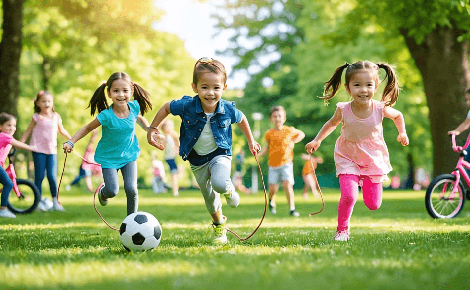 Joyful children playing with a soccer ball and jump ropes.