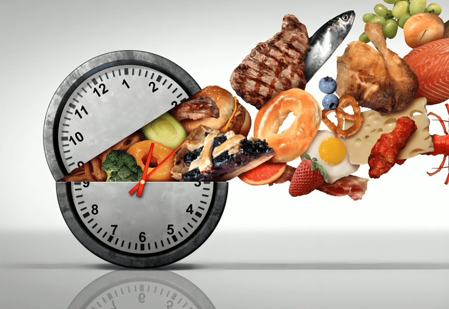 Clock splitting to reveal a variety of foods.