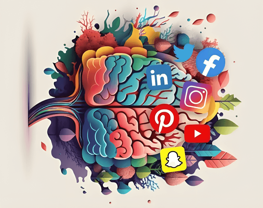 Brain illustration with social media icons growing around it.